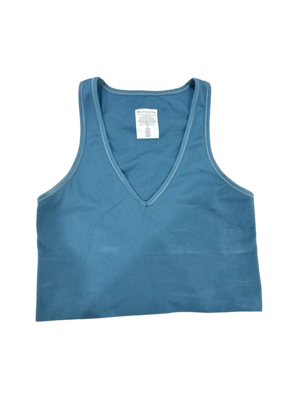 Athleta Aurora Seamless Ribbed Crop Top Tank V-Neck Teal Blue Small